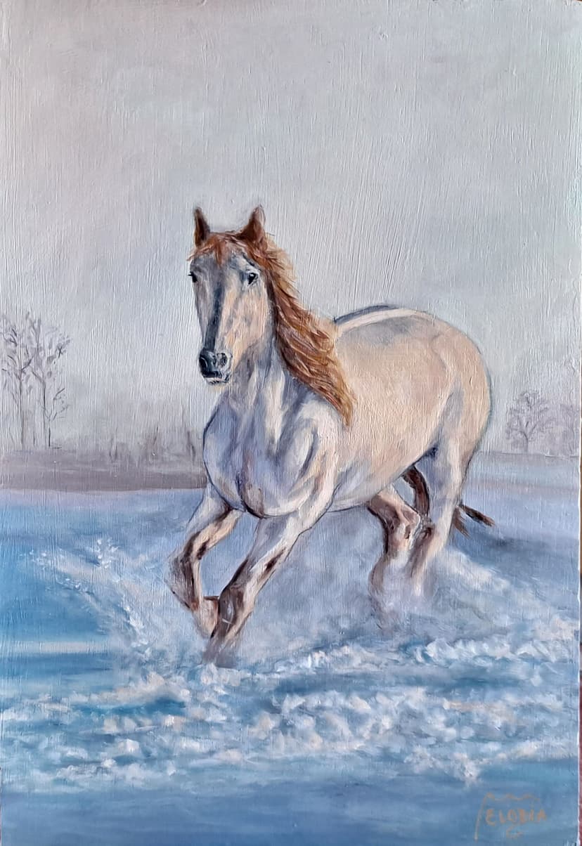 Pintura de Fergoarte - Caballo feliz trotando en la nieve